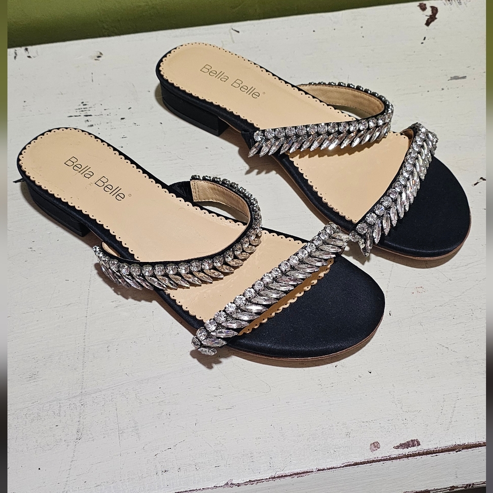 Bella Belle Black Satin, & Jewel Sandals, No Box, Size 8 EU 38.5